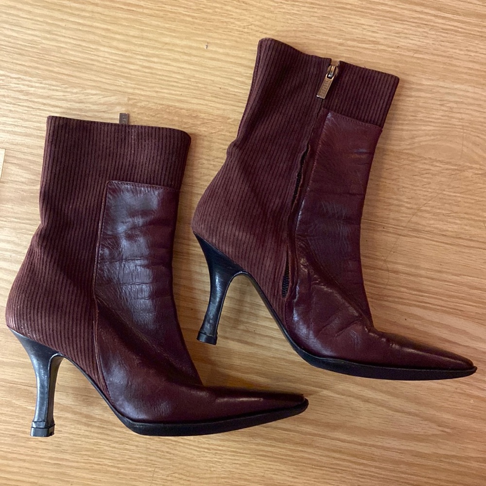 Leather and Corduroy Wine Heeled Boots